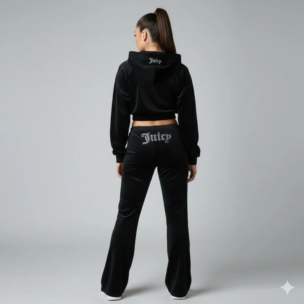 Juicy Couture Womens M/L Low Waist Velour Rhinestone Logo Wide Leg Pants Black - Picture 1 of 11